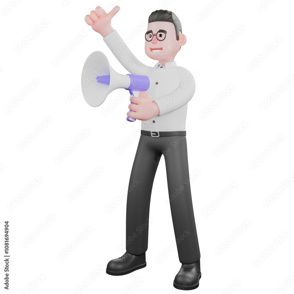 Cartoon Film Producer 3D. A male producer stands with his left hand holding the loudspeaker and his right hand thumbs up. Pro Model Cartoon Film Producer 3D. A male producer stands with his left hand holding the loudspeaker and his right hand thumbs up. Pro Model
