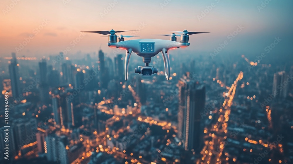 A white drone hovers in the air above a cityscape at dusk. The city lights are visible in the distance.