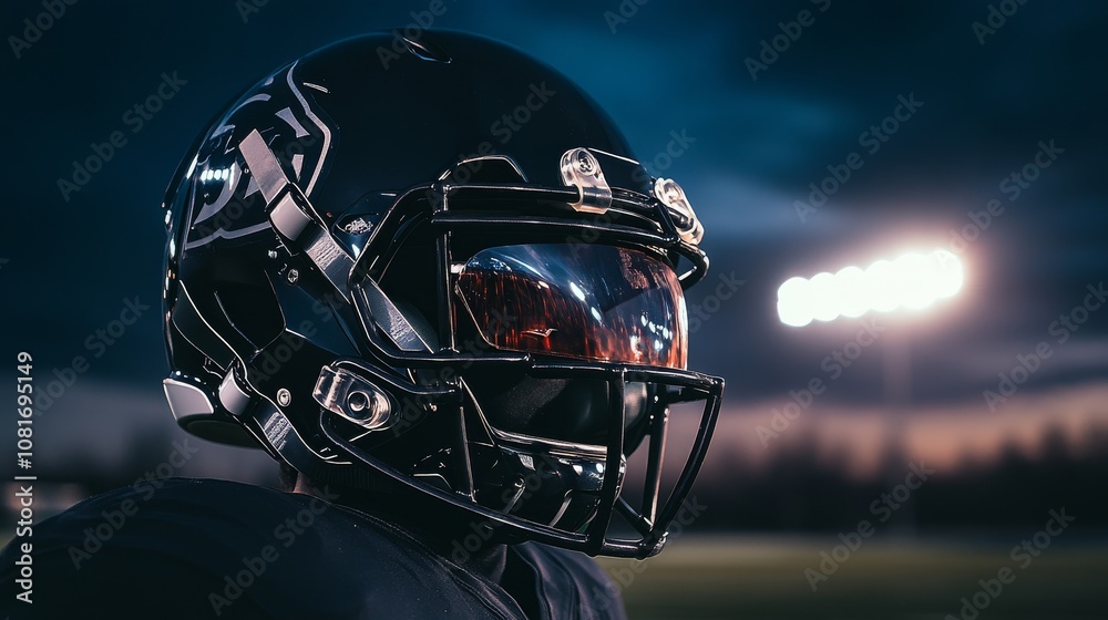 Fototapeta premium A football player's helmet and facemask, outdoor setting under stadium lights, Dramatic style
