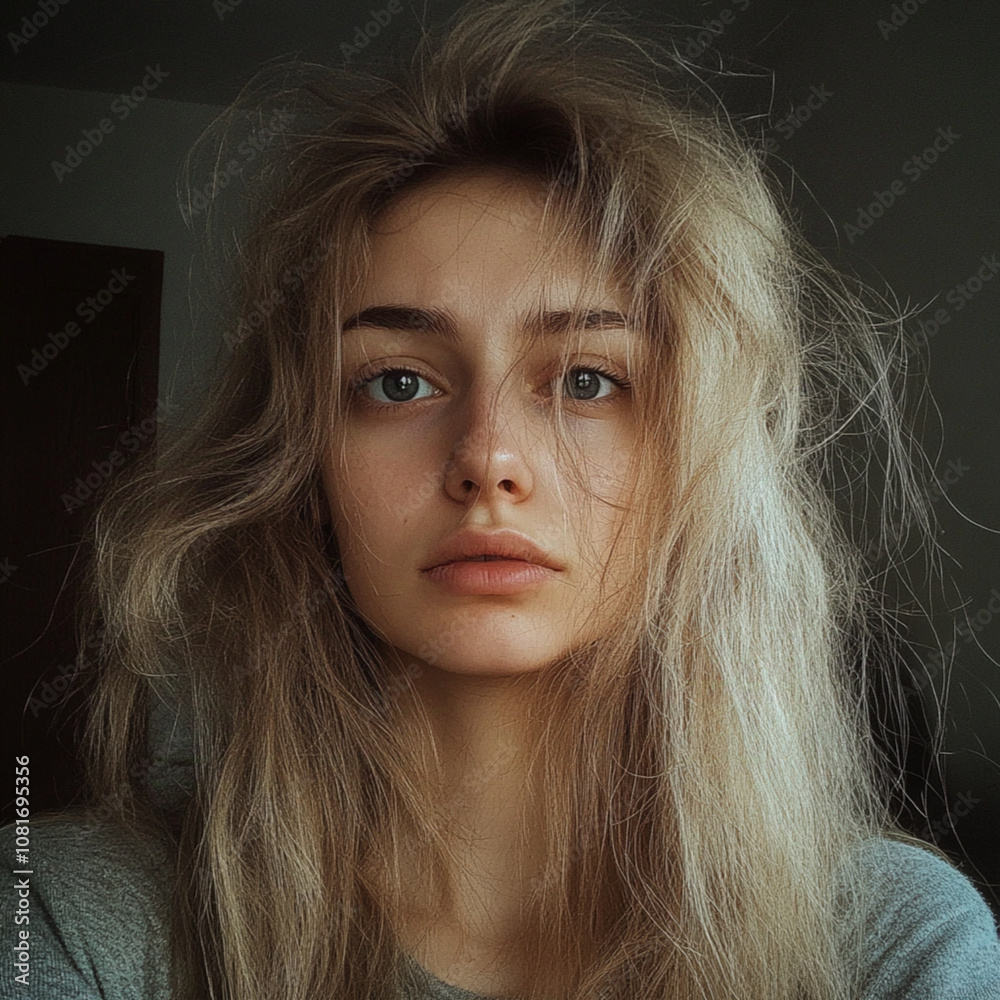 a girl 23 years old, she is sad. girl suffers from bad hair. she is standing at home. selfie a girl 23 years old, she is sad. girl suffers from bad hair. she is standing at home. selfie