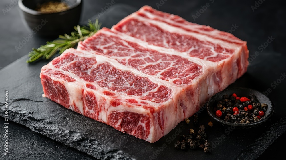 Freshly cut raw brisket with impressive marbling, set on a dark background to accentuate textures, perfect for menu designs. Freshly cut raw brisket with impressive marbling, set on a dark background to accentuate textures, perfect for menu designs.