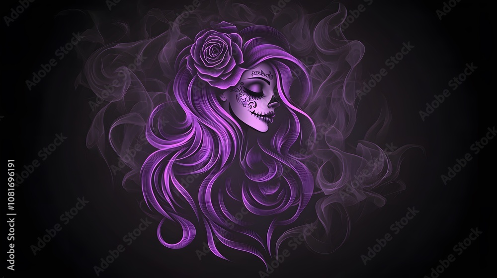A purple-haired sugar skull woman with a rose on her head is surrounded by smoke on a dark background. A purple-haired sugar skull woman with a rose on her head is surrounded by smoke on a dark background.