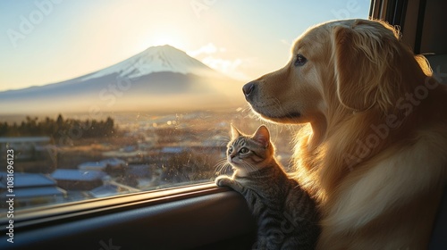 A happy relaxing golden retriever dog with cute cat at car window on holiday road trip to Fuji mountain, Japan
