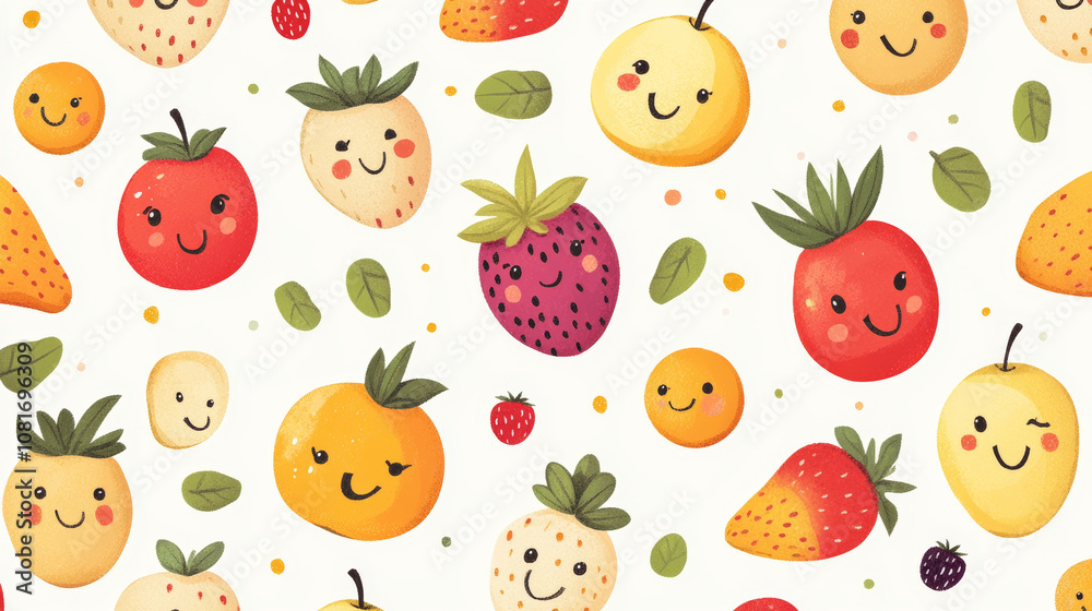 A collection of cute cartoon fruits with smiling faces and winking eyes. The fruits are drawn in bright pastel colors and perfect for kids' illustrations or wallpaper. A collection of cute cartoon fruits with smiling faces and winking eyes. The fruits are drawn in bright pastel colors and perfect for kids' illustrations or wallpaper.