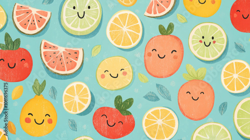 A collection of cute cartoon fruits with smiling faces and winking eyes. The fruits are drawn in bright pastel colors and perfect for kids' illustrations or wallpaper.