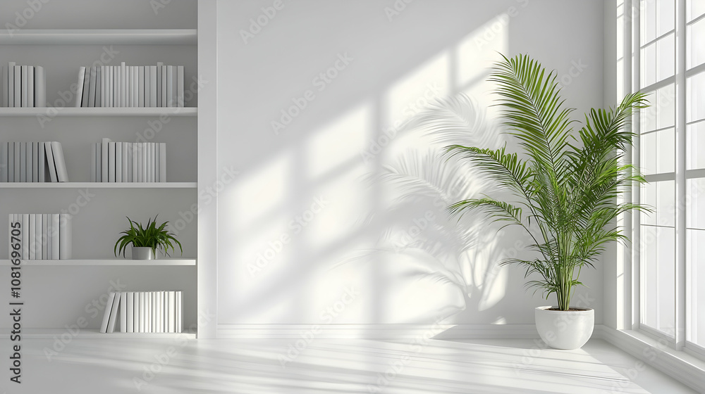 Sunlit Minimalist Room Interior 3D Render: White Bookshelves, Potted Plant, and Window Light Casts Shadows on Walls. Sunlit Minimalist Room Interior 3D Render: White Bookshelves, Potted Plant, and Window Light Casts Shadows on Walls.