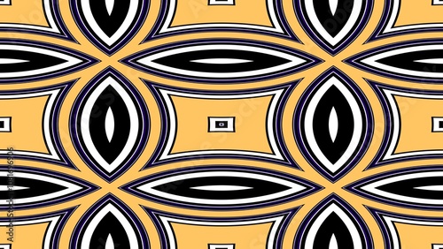 Geometric pattern with black, white, and yellow eye-like shapes. Bold, symmetrical, and repeating design with intricate details and strong visual contrast.