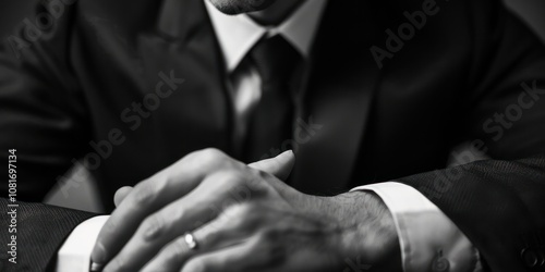 silhouette business man in a suit and tie is sitting at a desk, with his hands folded in front of him meeting corporate