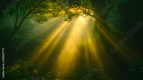 Golden Sunbeams Illuminate Lush Forest, Creating Mystical, Dreamlike Atmosphere in a Vibrant, Nature-Inspired Scene