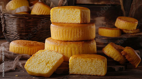 This image shows various ways a cornbread bun can be displayed - stacked, piled, sliced, broken, and even in a basket. It's perfect for showcasing your artwork or designs. photo