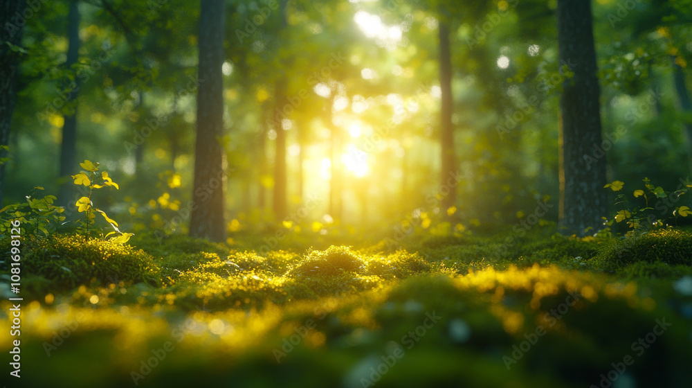Forest landscape background with tall trees and green moss and beautiful sunlight shining through the branches of nature creating a majestic backdrop Forest landscape background with tall trees and green moss and beautiful sunlight shining through the branches of nature creating a majestic backdrop