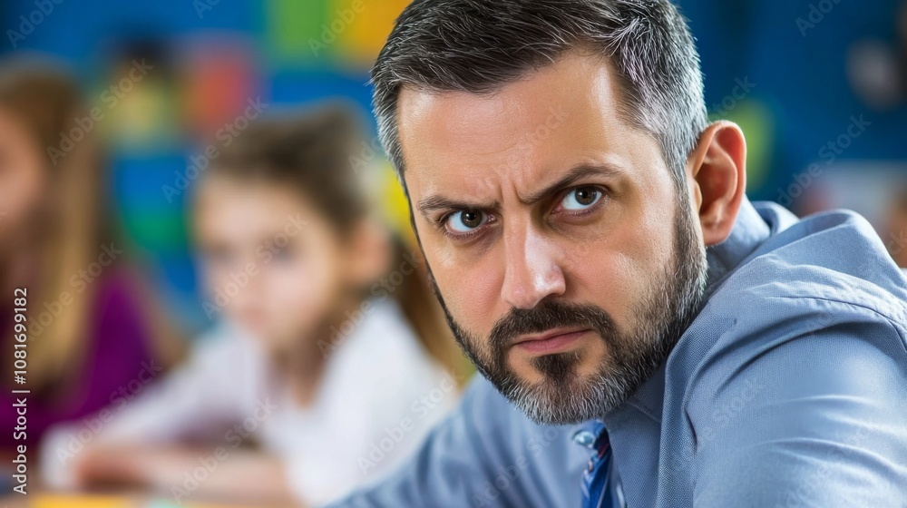 A stern teacher addresses his class with a serious expression during a lesson in a colorful classroom setting