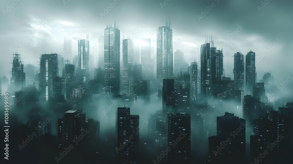 Fototapeta premium Digital Painting of a Foggy, Futuristic Cityscape at Night