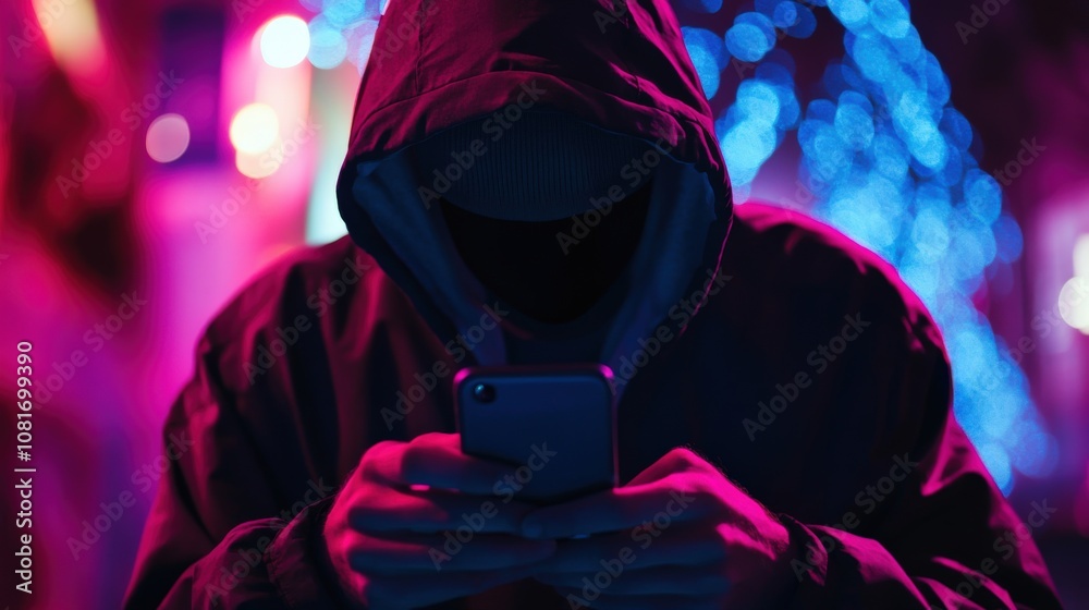 Hooded Figure Using a Smartphone in Neon Light Hooded Figure Using a Smartphone in Neon Light