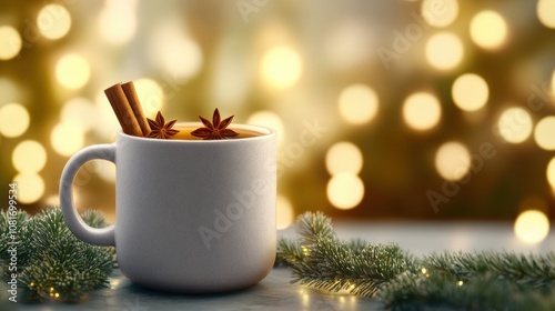 A cozy cup of spiced beverage surrounded by festive decorations.