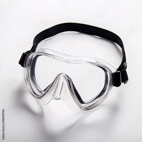 Black plastic diving and scuba mask isolated on white background, Dive Mask on a white background, Clear protective safety goggles on a light background. photo