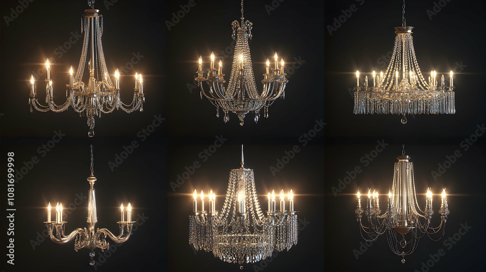 Six Elegant Crystal Chandeliers with Lit Candles, 3D Rendered on a Black Background, Luxurious Home Decor. Six Elegant Crystal Chandeliers with Lit Candles, 3D Rendered on a Black Background, Luxurious Home Decor.