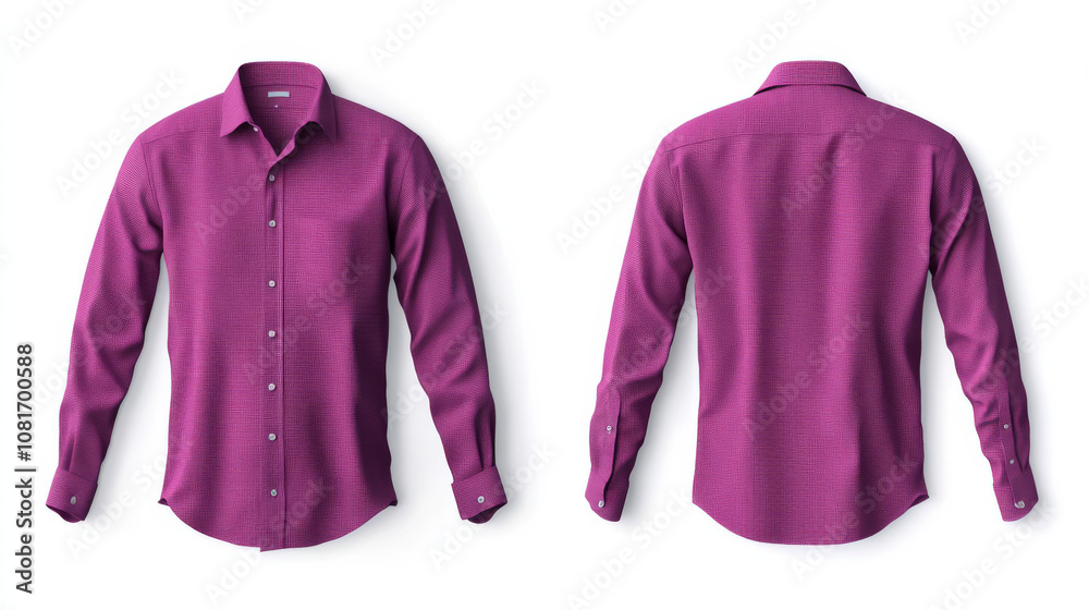 Two images of a magenta purple button-down shirt. You see the front, back, and sides of the shirt. The images are on a white background and are ready to use in design projects. Two images of a magenta purple button-down shirt. You see the front, back, and sides of the shirt. The images are on a white background and are ready to use in design projects.