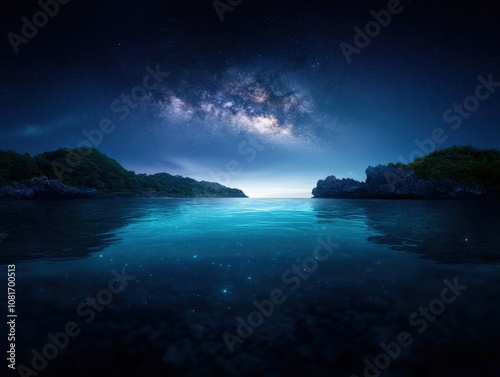 A serene night view of a tranquil ocean under a starry sky.