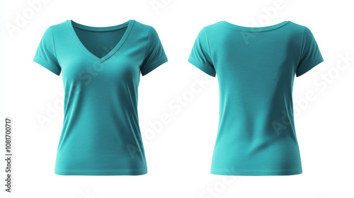 Two turquoise blue and green t-shirts for women, shown from the front, back, and side. The shirts are slim-fitting with a V-neck. These images are ready to use for designing graphics or artwork. photo