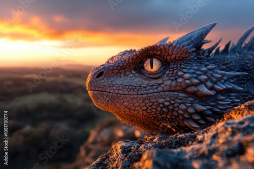 A detailed close-up of a dragon-like creature against a stunning sunset backdrop. photo