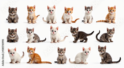 Adorable Kitten Collection - Set of 16 Cute Kittens Sitting on White Background, Perfect for Animal Lovers and Pet-Themed Designs