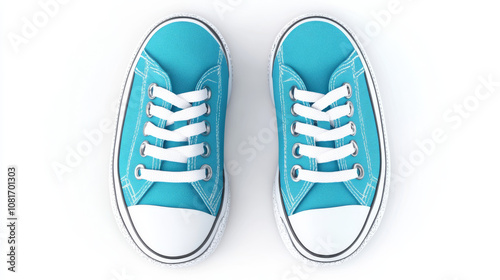 Two turquoise blue sneakers with white laces are shown in a top view. They're isolated on a white background. This image is a template for designing graphics and artwork.