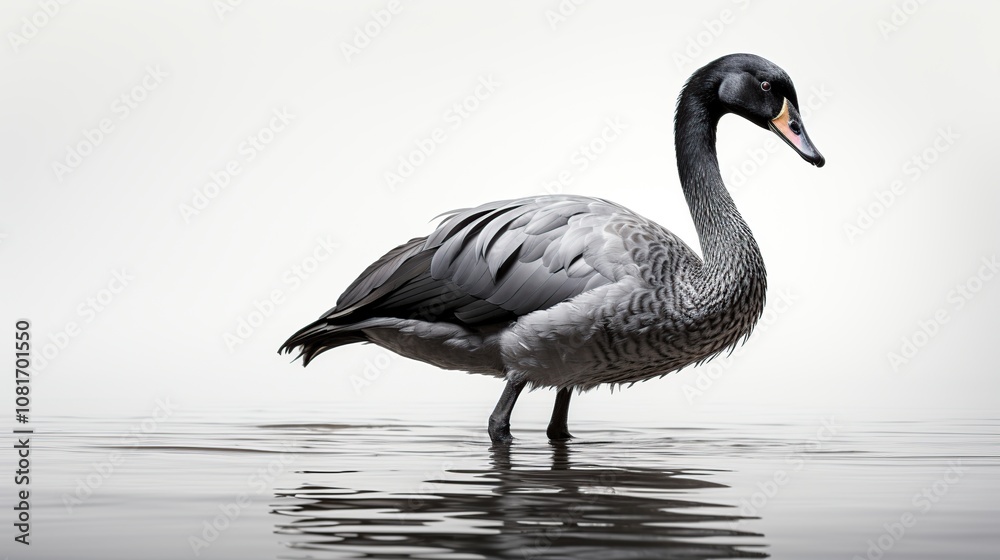 A single, black-necked swan standing in shallow water with a white background. A single, black-necked swan standing in shallow water with a white background.