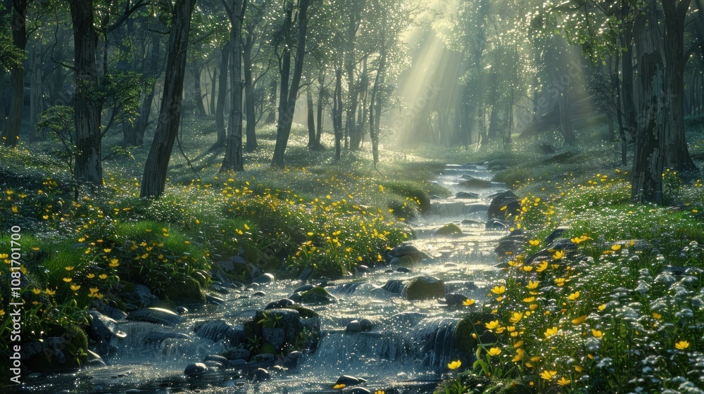 A tranquil stream winds through a misty forest, sunlight filtering through the trees and illuminating a carpet of yellow wildflowers.