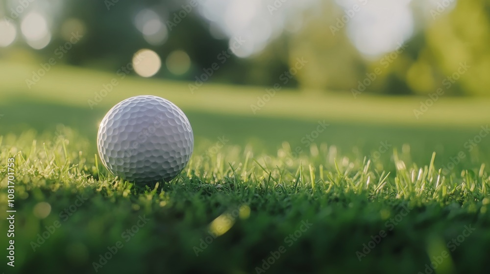 Obraz premium A golf ball on tee with grass blades, morning light, Elegant style