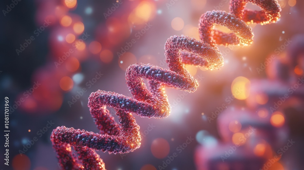 A close-up 3D render of a DNA helix, with a blurry background of bokeh lights, illustrating the intricate structure of genetic material. A close-up 3D render of a DNA helix, with a blurry background of bokeh lights, illustrating the intricate structure of genetic material.