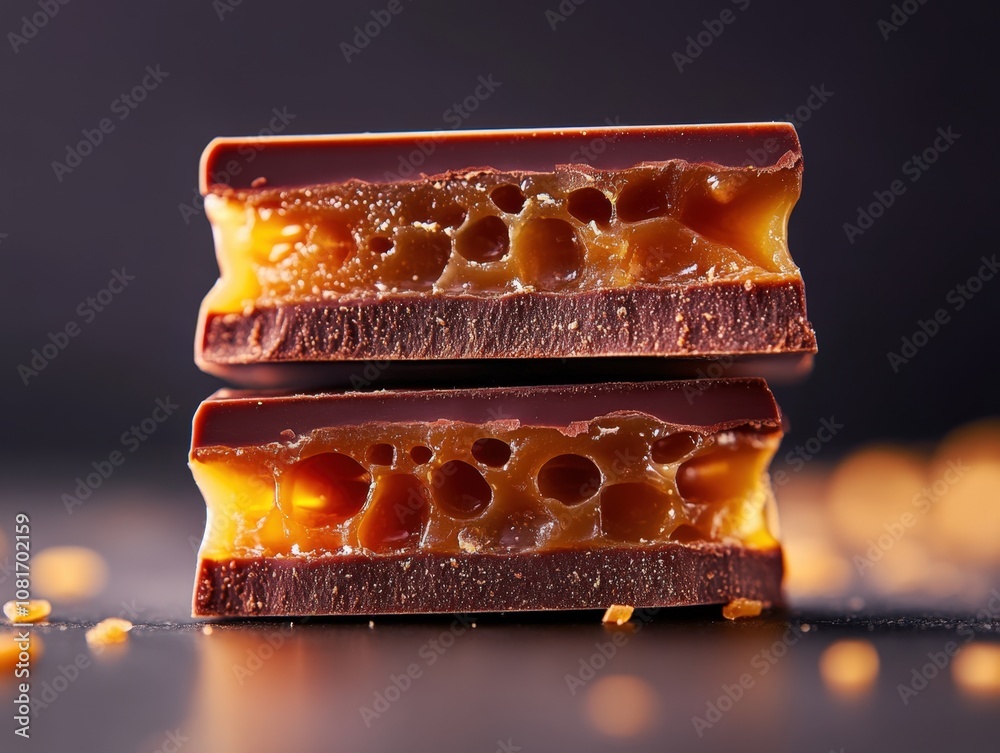 Delicious close-up of a chocolate caramel candy bar, showcasing its gooey interior. Delicious close-up of a chocolate caramel candy bar, showcasing its gooey interior.