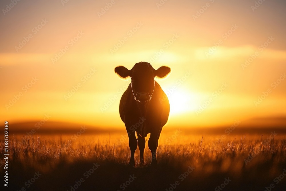 A silhouette of a cow against a stunning sunset. A silhouette of a cow against a stunning sunset.