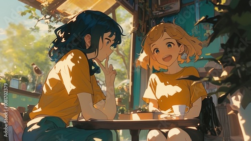 Two young women sitting at a table outside a cafe, one woman is smiling and the other is looking at her with a thoughtful expression.