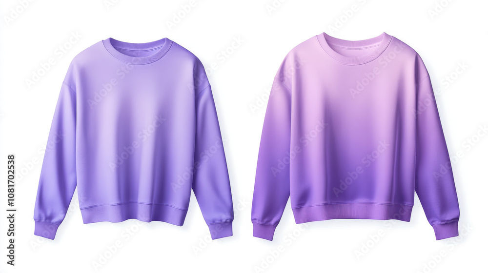 Two pastel purple, violet, and blue t-shirts and sweatshirts are shown in front and back views on a white background. These images can be used as templates for designing artwork and graphics. Two pastel purple, violet, and blue t-shirts and sweatshirts are shown in front and back views on a white background. These images can be used as templates for designing artwork and graphics.