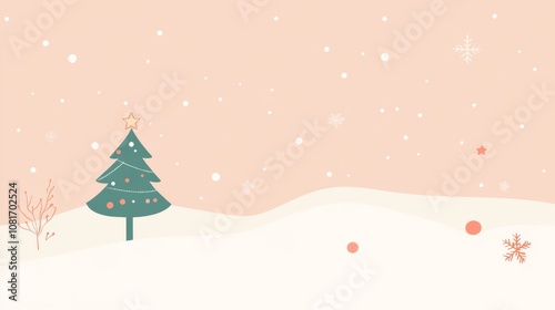 Tranquil Christmas Vibes: Minimalistic Holiday Scene with Snowflakes, Single Tree, and Small Stars on Spacious Background