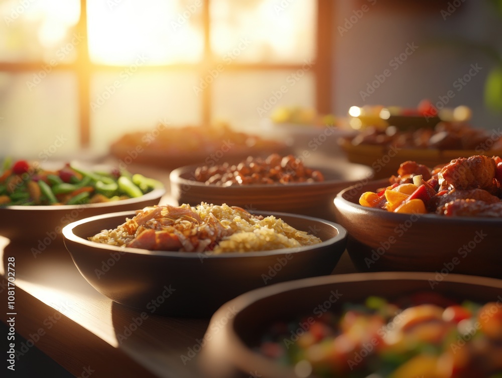 A beautifully arranged spread of delicious dishes ready for a gathering. A beautifully arranged spread of delicious dishes ready for a gathering.