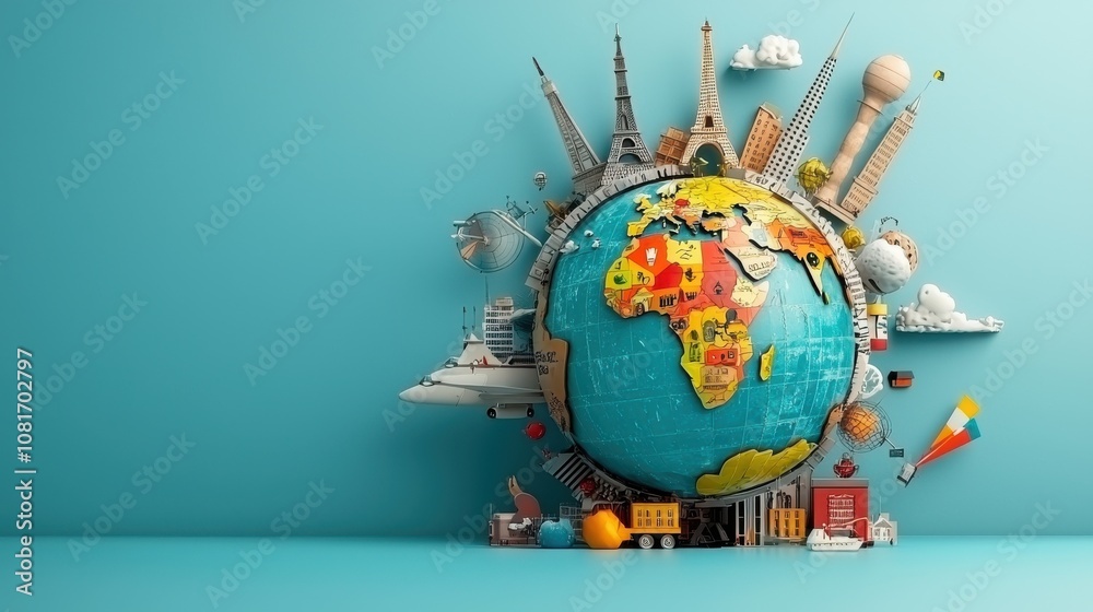 Naklejka premium Global unity national symbols displayed on a vibrant world international exhibit creative space artistic perspective symbolism