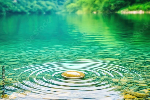 Ripples from a thrown stone on a calm river surface, creating circles in clear freshwater, serene and peaceful