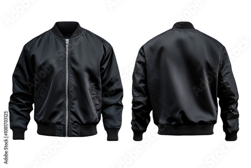 Black bomber jacket mockup, front and back view. transparent background