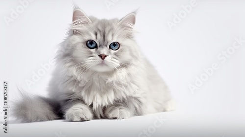 A white cat with blue eyes lays on a white background, looking directly at the camera.