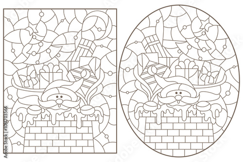 A set of contour illustrations with Santa Claus and gifts on the roof, isolated on a white background