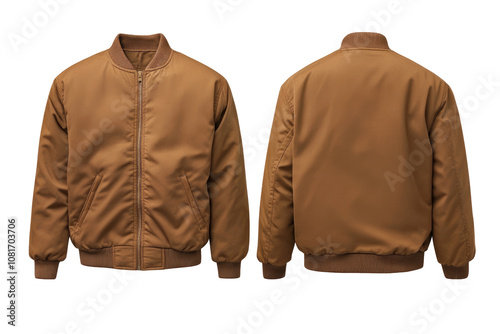 Brown bomber jacket mockup, front and back view. transparent background