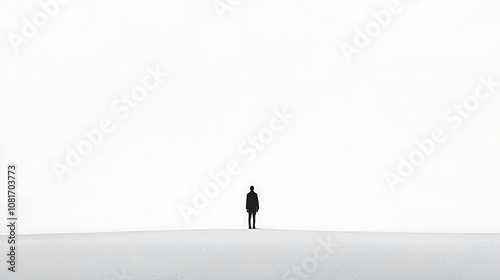 Silhouette of a person standing alone in a vast white space, symbolizing solitude, contemplation, and the unknown.