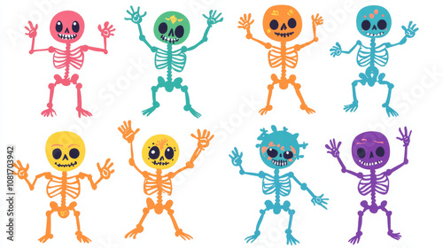 This is a set of cute cartoon skeletons for Halloween. They have funny faces, winking eyes, and bright colors. These illustrations are perfect for kids and would look great as wallpaper. photo