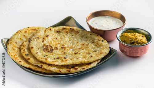 Indian Flatbread, Roti, Paratha, with Raita and Curry Sauce