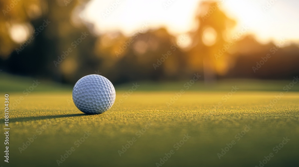 A golf ball on the green with focus on the dimples, outdoor setting under early morning light, Soft style A golf ball on the green with focus on the dimples, outdoor setting under early morning light, Soft style