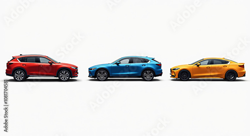 Collection of Colorful Cars in Profile View - Red, Blue, and Yellow Vehicles for Automotive Design and Marketing