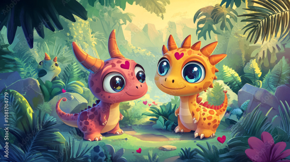 Cute cartoon dinosaurs with big eyes, horns, and hearts in a colorful jungle setting. Cute cartoon dinosaurs with big eyes, horns, and hearts in a colorful jungle setting.