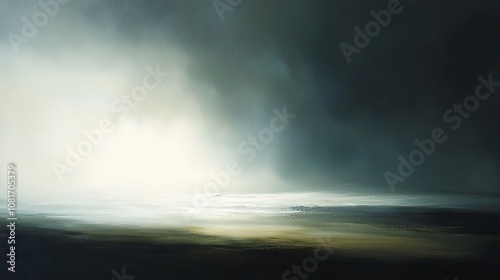 Abstract painting of a stormy sky with a light at the end.